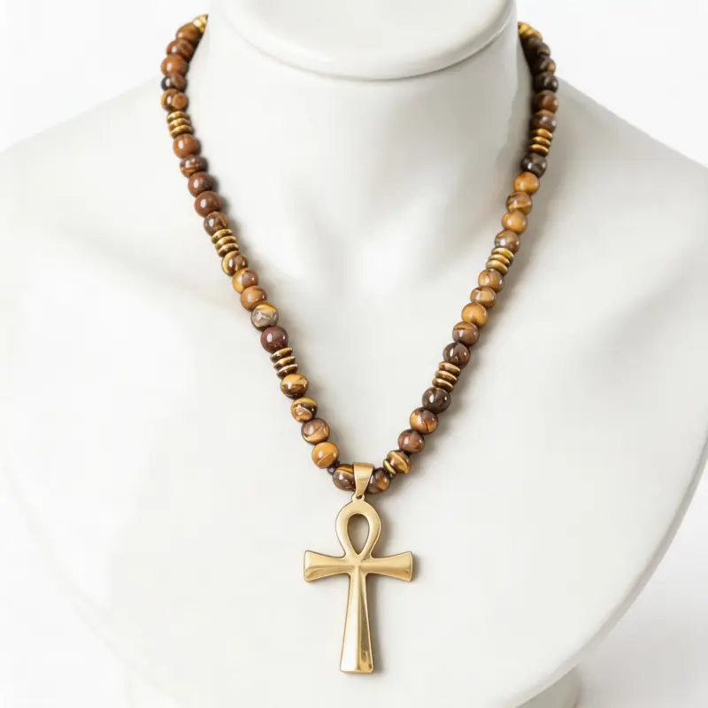 Ankh Cross Necklace with Natural Tiger Eye Beads, Adjustable Knot Cord. The black version ismade of Adjustable Cross Natural Black Agate Gemstone Beaded Necklace. Perfect Gift for Him/Her/Mom &Men's Accessories,weight 87g