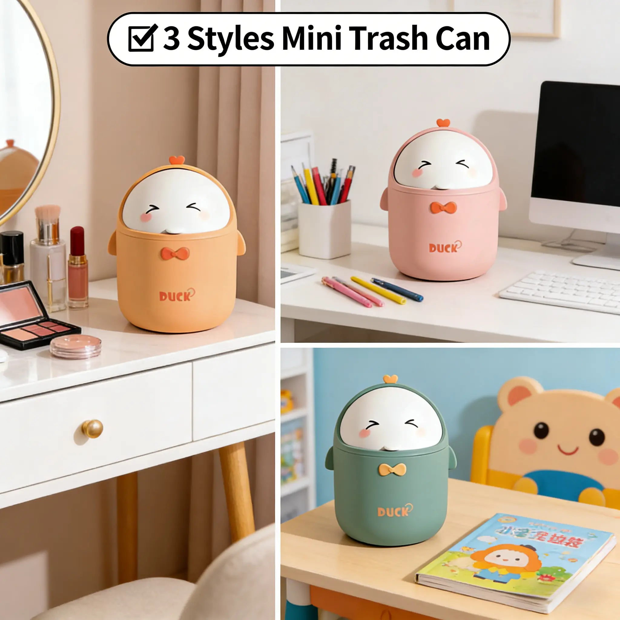 Plastic Compact Desk Trash Bin with Cover, 12x12x20 cm Durable Animal-Shaped Cute Cartoon Design, Odor-Proof for Blocking Dust & Unpleasant Smells, Includes 90 Replacement Bags, Ideal for Home Personal Space Organization