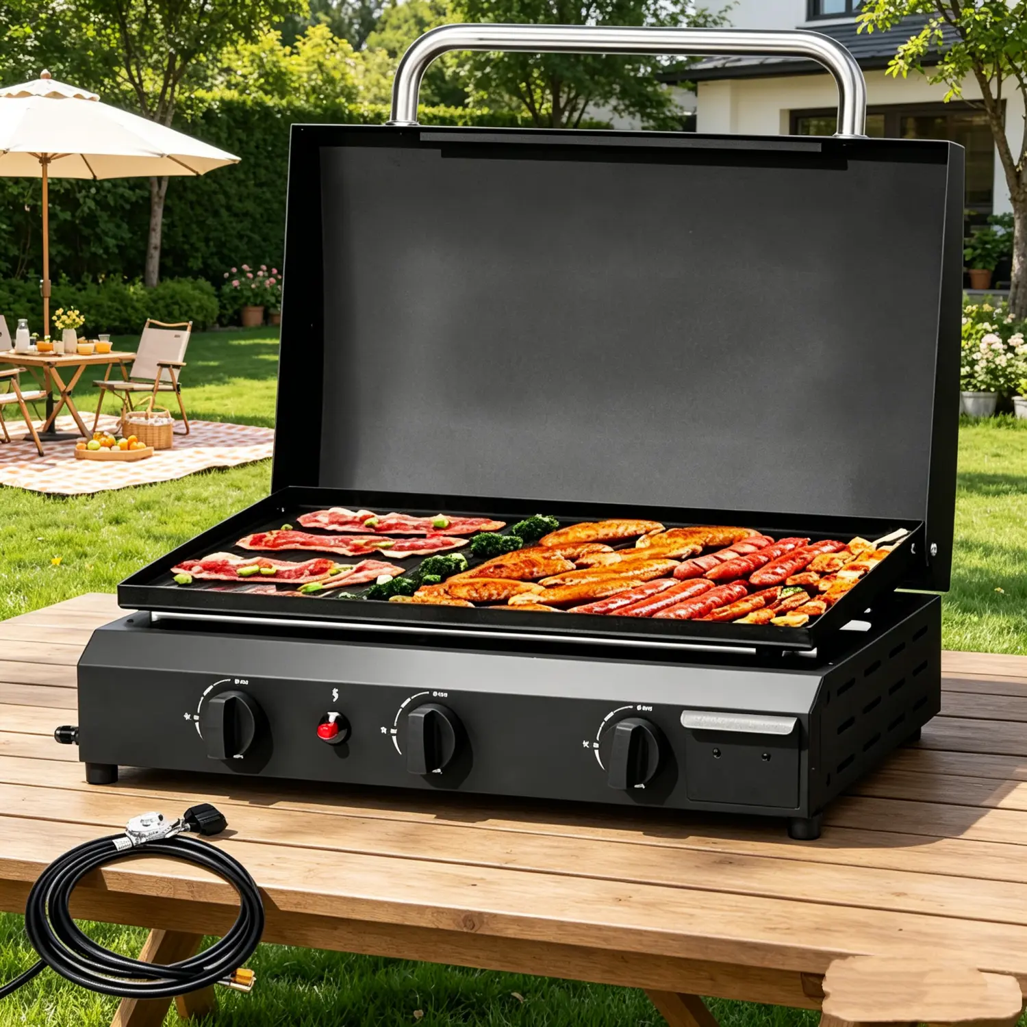 23 Inch Flat Top Grill, Gas Griddle with Hood, Portable Tabletop Propane Gas Griddle Grill for Camping, Outdoor & Tailgating Barbecue, 3 Burners, Deals for You Days Ceramic Cast Iron
