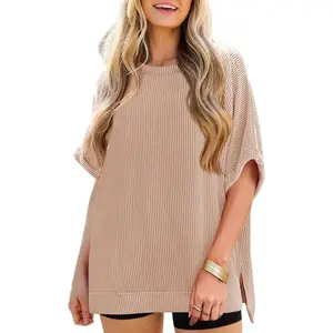 Imily Bela Womens Oversized T Shirts Summer Casual Ribbed Batwing Short Sleeve Tunic Tops Loose Fit Dolman Sleeve Tees