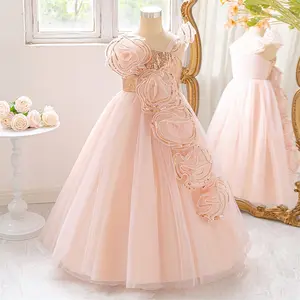 7-12Y Peach Pink 633 Kids Clothes Flower Girls Princess Long Ball Gown Frock Children Sloping Shoulders 3D Floral Ball Gown Formal Evening Party Banquet Pageant Prom Host Cocktail Dress