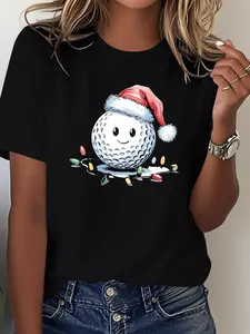 Festive WomenS Christmas Graphic Tee with Santa Hat for Holiday Parties Soft Comfortable Cotton Top For Golfers and Santa Enthusiasts