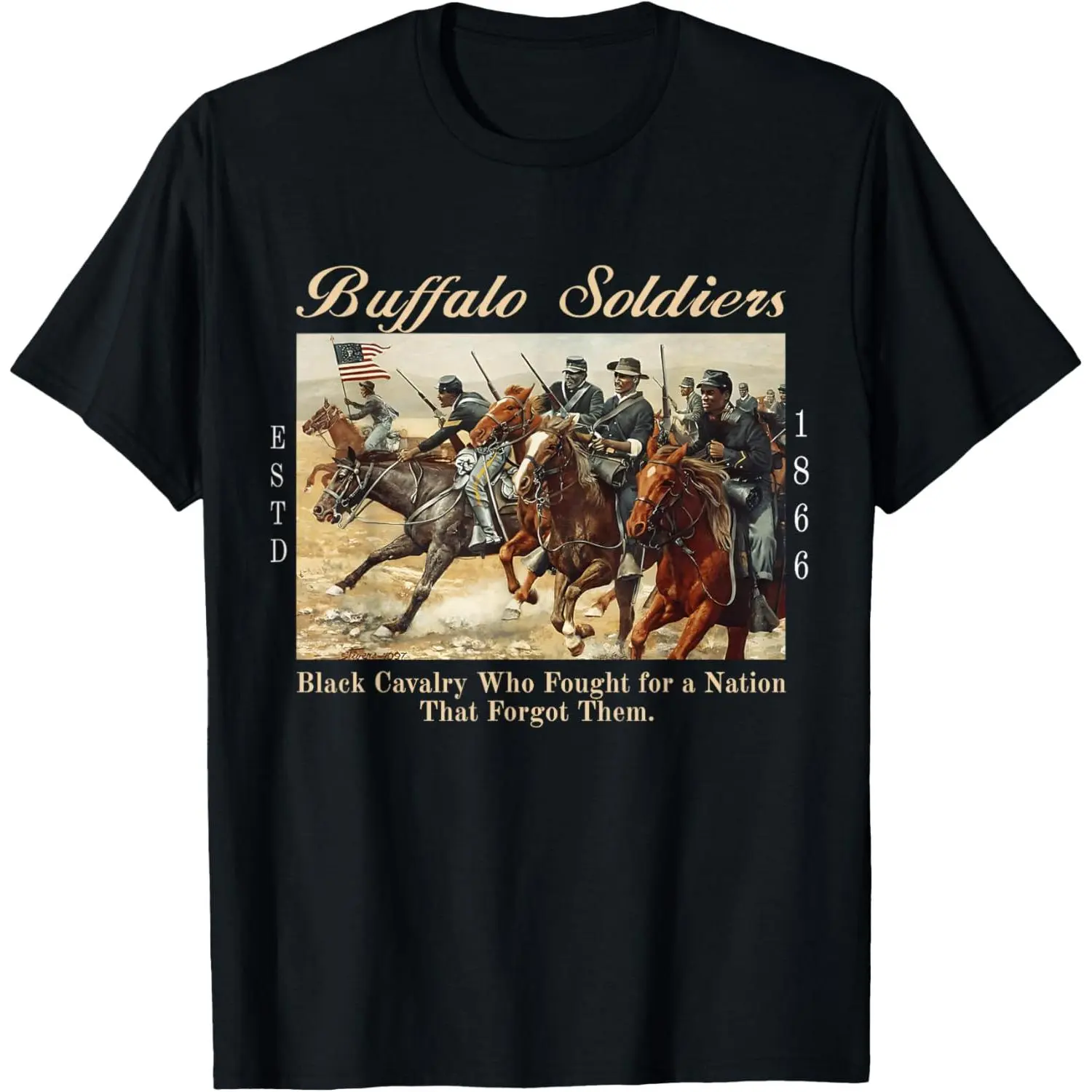 Men's 100% Cotton Short-Sleeve Breathable Casual Fashion Tops, African American Black History USA Buffalo Soldiers Military T-Shirt