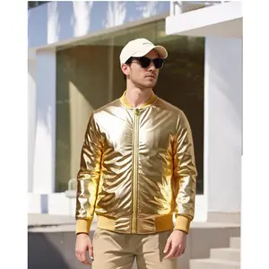 Men's Metallic Bomber Jacket 70s Disco Varsity Zip-up Casual Nightclub Coat - Slim Fit, Rib-banded Collar, Cuff & Hem, Eye-catching Design