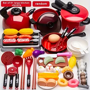51 piece set of red children's pretend toy kitchen set, including cooking utensils, tableware, and food simulation kitchen cooking, to cultivate children's hands-on ability. Perfect learning gift for boys and girls, family interaction, suit