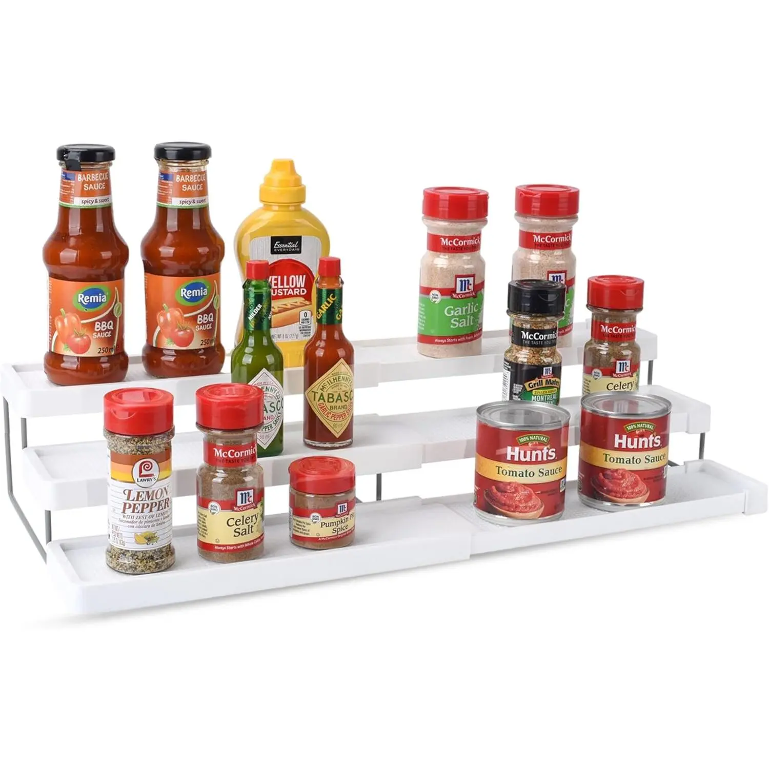 3 Tier Spice Rack Organizer - Expandable 3-Level Seasoning & Spice Organization for Cabinet, Pantry, Kitchen Countertop - Adjustable Length with Sturdy Metal Frame - White Plastic Shelf