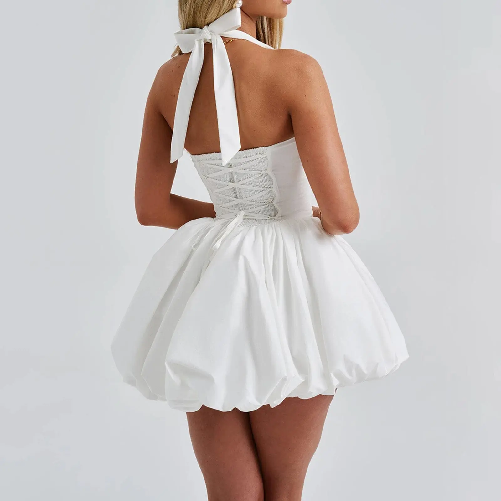 Women’s Fitted Haltered Neck Mini Dress - Sleeveless, Feminine Bubble Skirt, Adjustable Tie-Back, Classy Comfortable Formal Dresses for Women
