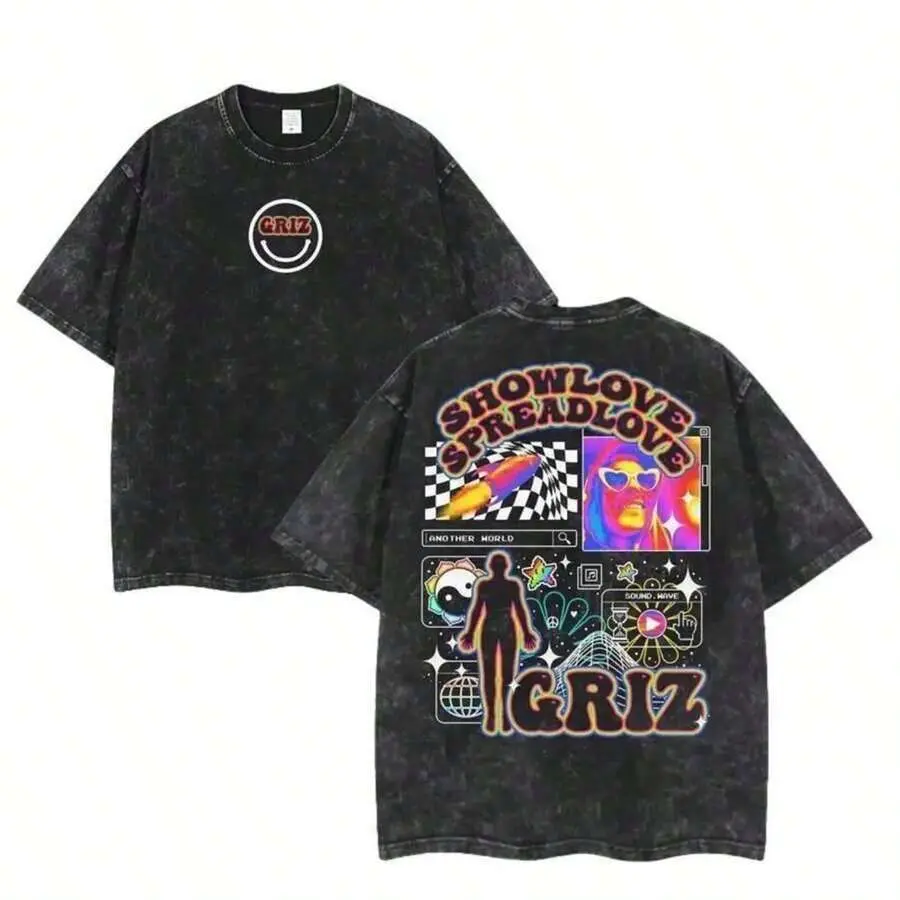 GRIZ Another World 2-Sided Washed T-Shirt Cotton, Edm Music Festival Merch, Unisex Shirt Streetwear Graphic Tee Tropical Graphic Tee Top Tshirt Summersummer Outfits For Womensummer Clothes
