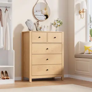 Garvee Tall 5 Drawer Dressers in Natural Oak and Black Finishes, Featuring Deep Drawers with Metal Knobs, Modern Wood Grain Design Suitable for Bedrooms, Entryways, and Hallways