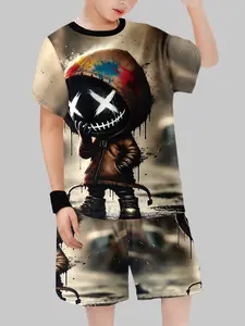 Boys Street Style Summer, Cool Graffiti Short Sleeve Shorts Set, Casual Asymmetrical Design, Fitted H-Type, Natural Waist, Husky Boy Clothes, Clothes Kids