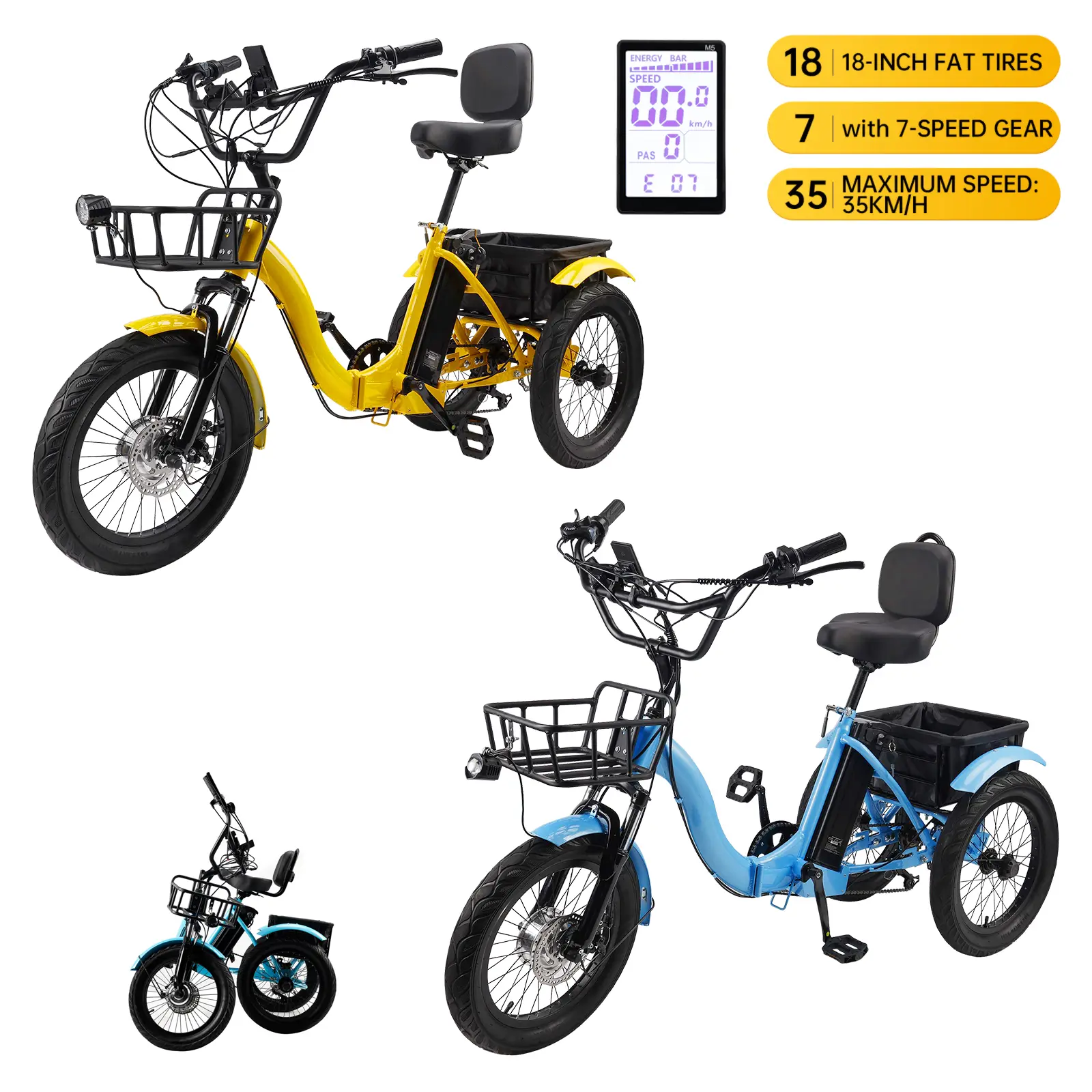18" Foldable Electric Trike E-Tricycle with Headlight for Adult Older 7 Speed