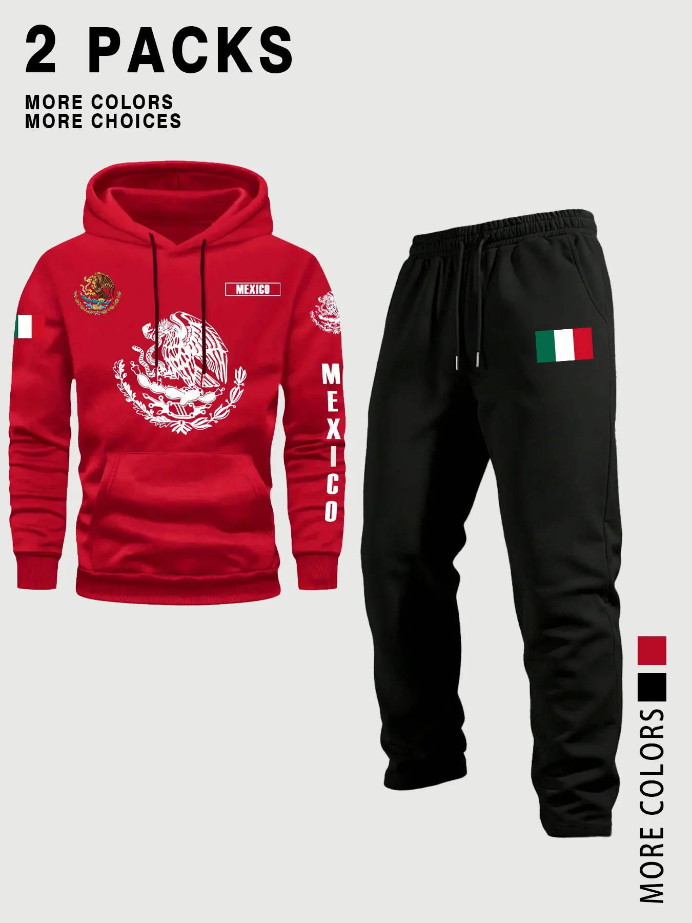 Men's Mexican Style Set, 2 Piece Hoodie & Sweatpants, Flag Eagle Snake Print, Multicolor, Casual Travel Wear, Fall & Winter