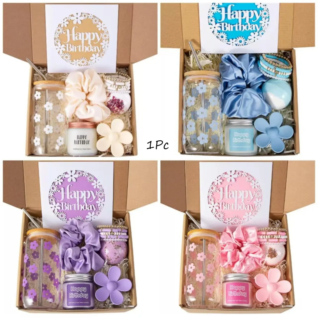 Women's Birthday Gift Set, Teen Girl Gifts, Gift Set Box, 7-Piece Daisy Glass Cup Set, 16oz, Sister Gift Set for Women, Gifts Including Glass Cup, Scented Candle, Bracelet, Bath Bomb, Hair Clips, Jewelry Tray, Holiday Gift