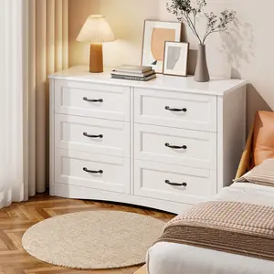 Gizoon 6 Drawer Dresser for Bedroom 47'' Larger Chest of Drawers with Mental Handle for Kids Room Dresser with 6 Storage Drawers for Living Room Entryway and Hallway Girl Apartment Furniture Space-Saving
