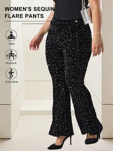 Women's Plus Size Sequin Bell Bottom Pants, Elastic Waist Long Tight Fit, Fashion Comfort Casual Wear, Trendy Daily, Womenswear