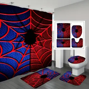 Four-Piece Shower Curtain Set Deep Carved Design Red Blue Spiders Webs With Non-Slip, U-Shaped, And Toilet, Complete with 12 Hooks