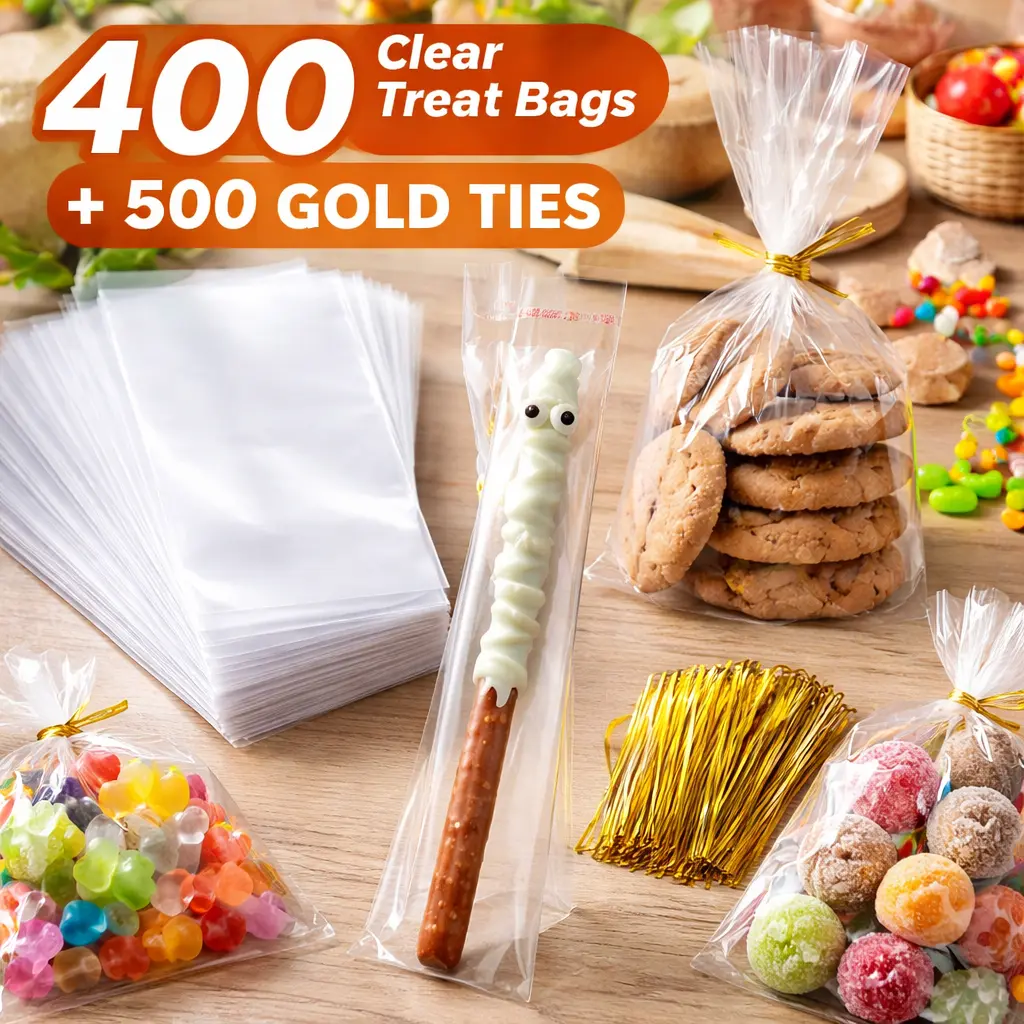 400-Pack Cellophane Treat Bags Set with Twist Ties – 200 4x6 Inch Cookie Bags & 200 2x10 Inch Sealable Pretzel Rod Bags, Clear Plastic Packaging for Candy, Desserts, Cookies & Party Favors