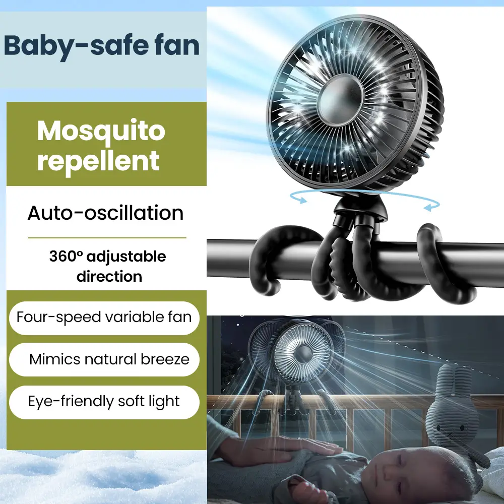 Gaiatop Baby Stroller Fan, Mosquito-Repellent Fan, Octopus Fan-4000mAh Oscillating Portable Fan with Light, 4 Speeds, Battery-Operated, 360° Rotating