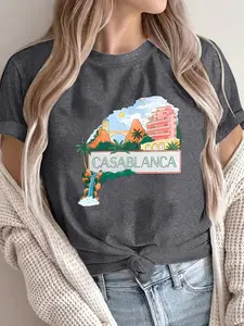 Women's Round Neck Short Sleeve T-Shirt, Summer New Casablanca Cartoon Landscape Building Pattern Text Print, Casual Fitted Style