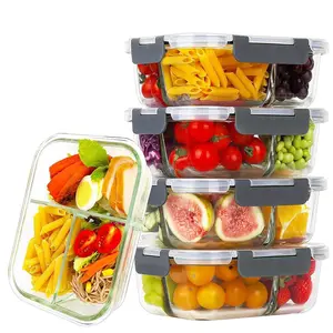 Glass Meal Prep Container, 5 Counts 3 Compartment Glass Food Storage Container with Lid, Airtight Glass Lunch Bento Box, BPA-free & Leak Proof