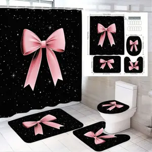 1/4pcs Glitzy Starry Night Black Bathroom Set with Pink Bows - Shower Curtain Sets, Toilet Seat Covers (Tank & Lid), 2 Bath Mats - Whimsical Glam Festive Decor for Bedroom/Bathroom - Perfect Gift for Valentine's Day, Mother's Day