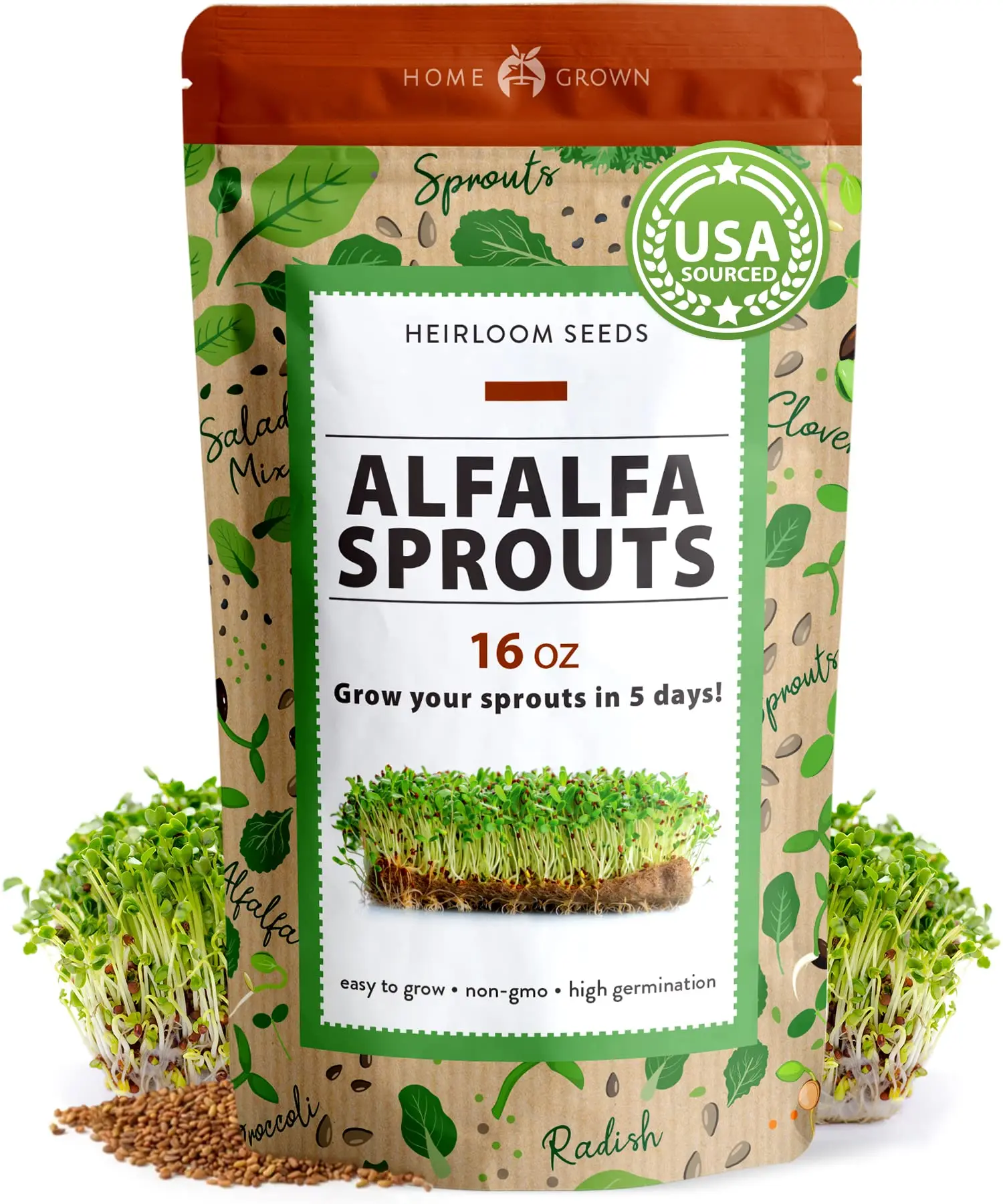 Premium USA Alfalfa Sprouts Seeds - Home Planting Vegetable Seeds, Heirloom Seed Grass, Non-GMO for Sprouting, Microgreens, Reseal Stays Fresh