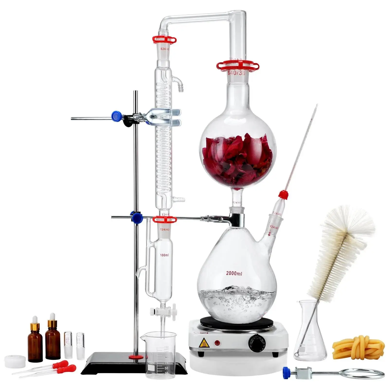 【summerfinds】VEVOR Essential Oil Distillation Kit, 2000ml Distillation Apparatus, 3.3 Boro Lab Glassware Distillation Kit with 1000W Heating Plate and 24, 40 Joint, 28 pcs Set