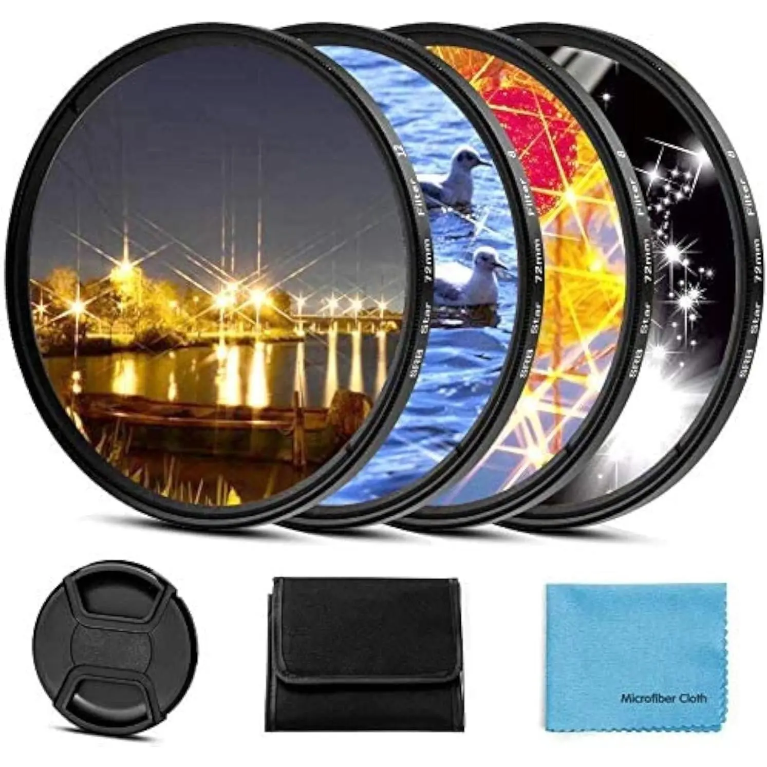 67mm Star Filter Set (4 Pieces: 4-, 6-, 8-, 12-Point) with Center Pinch Lens Cap, 4-Slot Nylon Filter Pouch for DSLR Cameras (Canon, Nikon) Camera Accessories