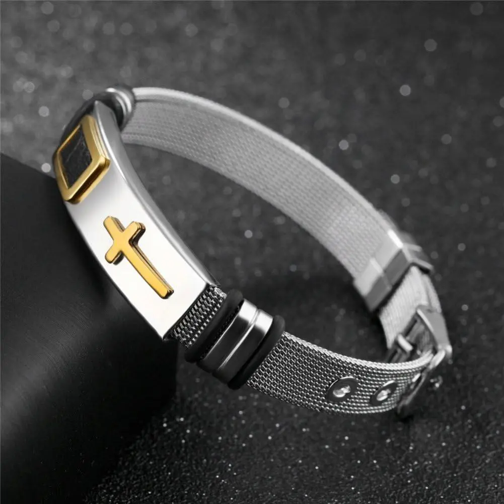 Men's Modern Bracelet, 8.66in Open-Weave Mesh Stainless Steel Band with Rubber Cross Pendant, Adjustable Dual-Lock Clasp, Bracelets, Minimizes Friction
