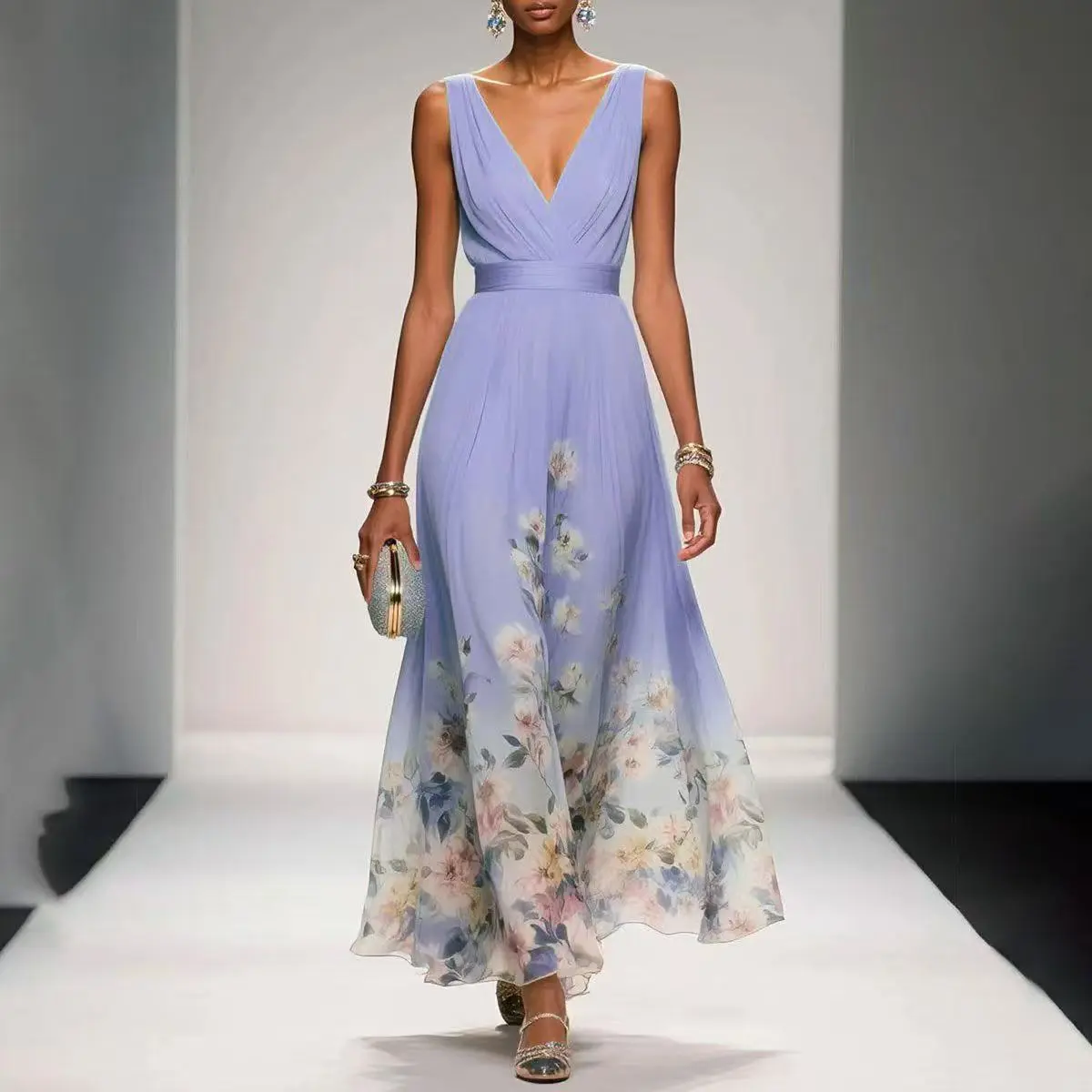LikeMychoice Elegant Floral Print V-neck Maxi Dress Women's Lightweight Flowing Long Dress for Vacation Wedding Casual Fit