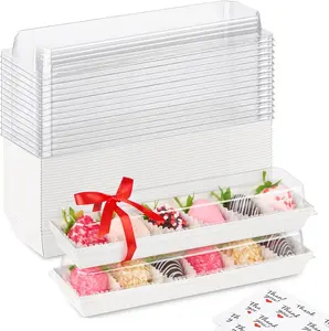 25 Pack Paper Strawberry Boxes with Clear Lids, White Long Macaron Boxes for Packaging 5-7 Chocolate Covered Strawberries, Cookies, Cocoa Bombs, Truffles
