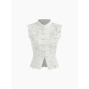 Lace Mandarin Collar Guipure Split Tank Top, Women's Sleeveless Lace Design Vest for Summer Outlook, Urban Chic Summer Fashion Spring Statements,Summer sexy inner layer tight-fitting women's stand-up collar mesh top