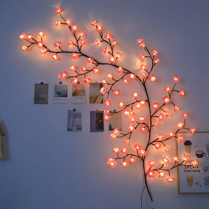 Summerwins Vine Shape Single Strand Cherry Blossom Decorative String Lights - 96 LED Beads, USB-Powered, Climbing Wall Lights with Clips, Romantic All Seasons Home Decor for Valentines Day, Thoughtful Gift