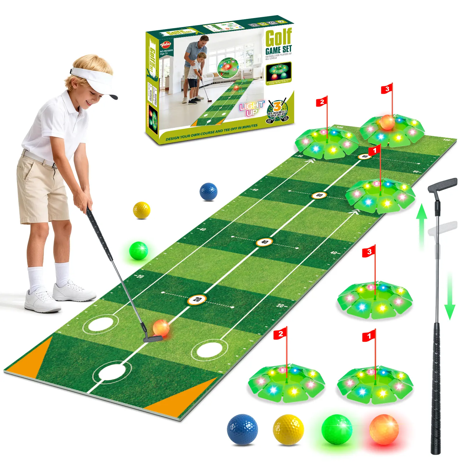 VATOS Kids Golf Game Set – Light Up Indoor & Outdoor Putting Game with 6.5FT Mat, Putter & 4 Balls ,Fun Family Golf Toy for Kids Ages 3-8, Birthday Gift for Boys Girls backtoschool