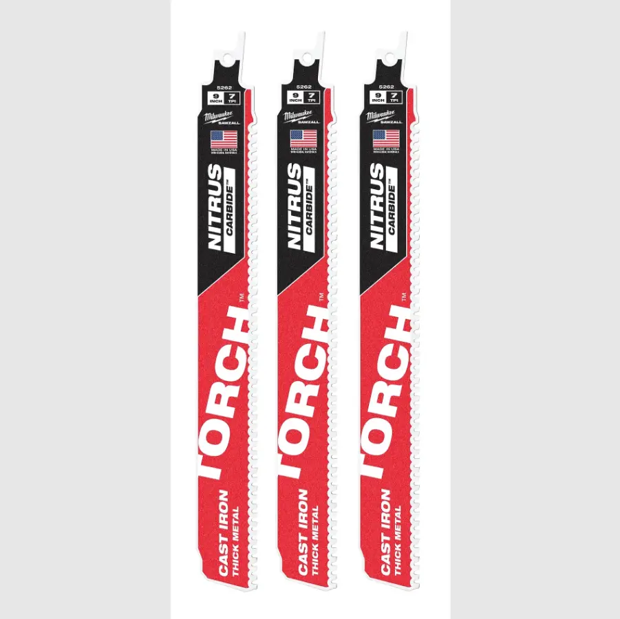 Milwaukee 48-00-5362 SAWZALL Torch Set, 3PC 9in Nitrus Carbide Blades for Demolition, Thick Metals, with Better Heat Dissipation, 5x Longer Life Than Standard Blades