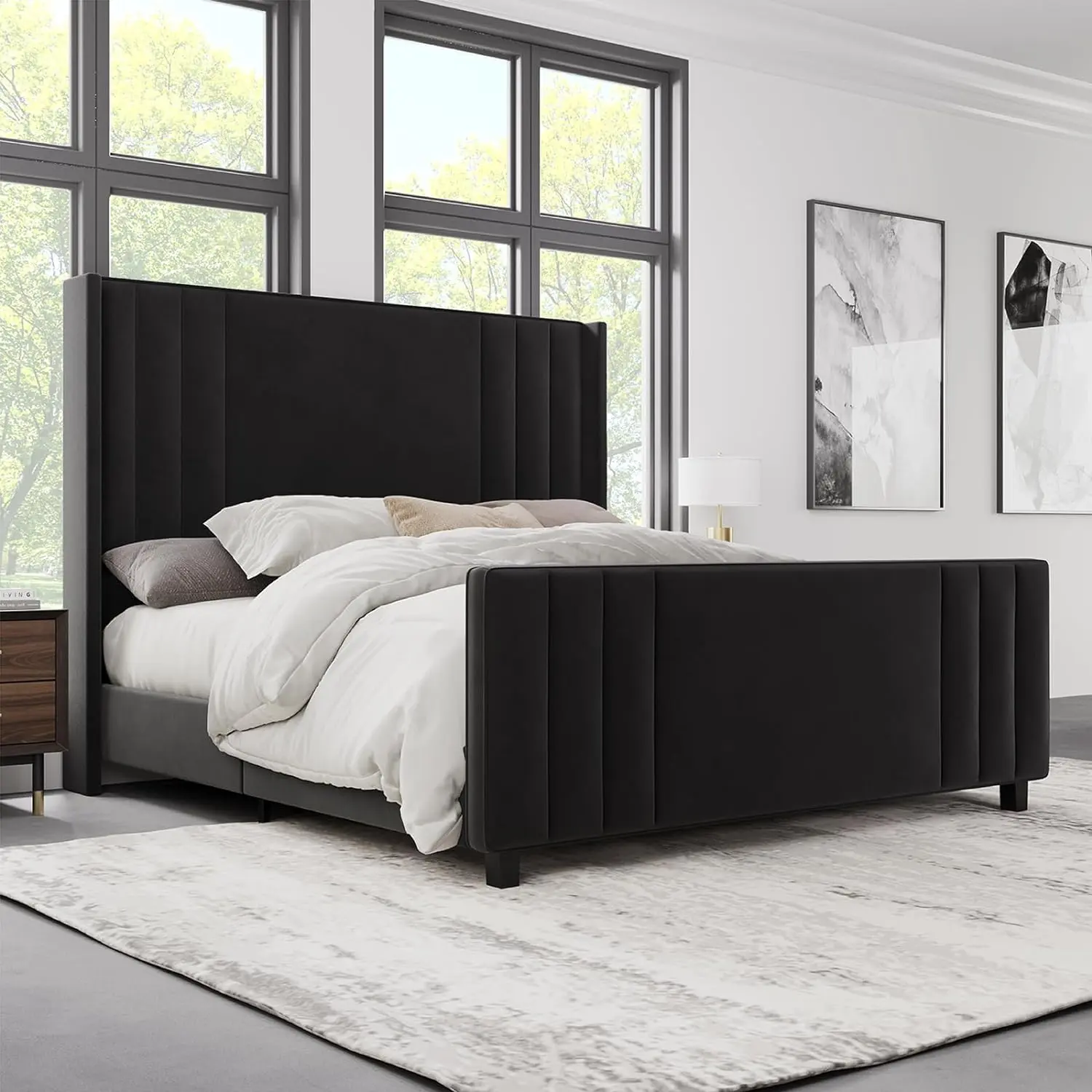 [SummerSale] AMERLIFE Modern Bed Frame, Upholstered Platform Bed with Vertical Channel Tufted Headboard & Footboard, Premium Velvet, Queen/King Size/Unique Bedroom Furniture/Best Gift Ideas/Christmas Gifts