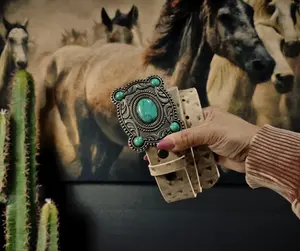 Durable and Stylish Western Charm Ostrich Leather Belt - Real Turquoise Stones, Silver Buckle, Fashion Clothes Accessory