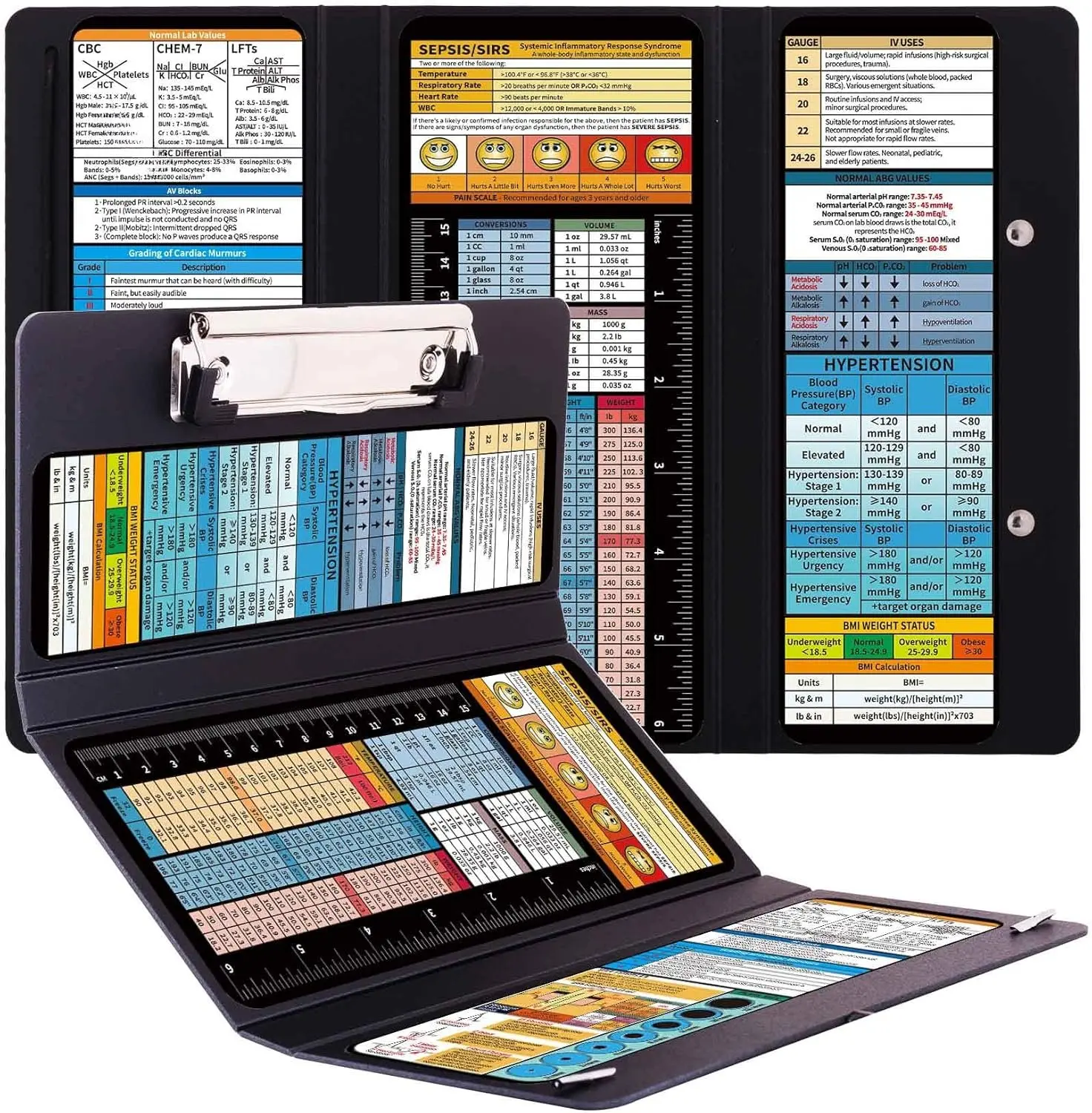 2Pack Foldable Nurse Clipboard - Black Plastic  Clipboard with Pocket Size & 6  Cheat Sheets