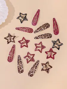 Metal Snap Hair Clips,8 Pairs Hair Barrettes for Women - Star & Water Drop Hair Barrettes, Non-Slip Y2K Accessories for Thin Thick Hair,Pink and Brown Leopard Print, Hair Clip Set