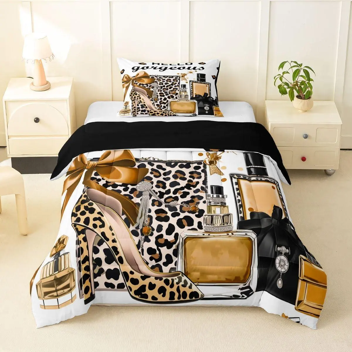 Brown Leopard Cheetah Print Bedding Set,| Fashion Modern Luxury Comforter Set for Kids Girl Women Perfume High Heels Girly Quilt Duvet Set,Trendy Stylish Girls Bedding Collections