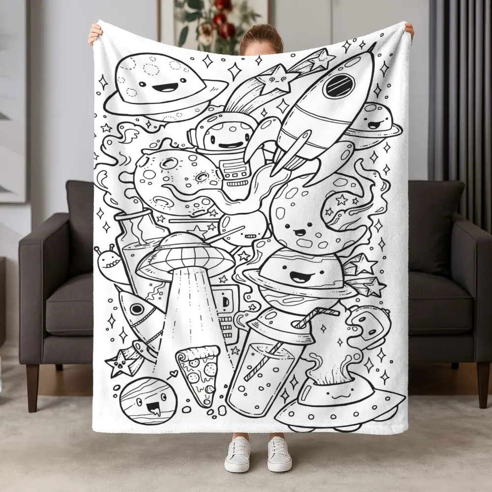 Soft Flannel Space Blanket - Black-White Rocket, Planet, Astronaut, UFO Print Throw Blanket, Cozy Gift for Space Lovers, Fun Galaxy Room Decor for Bed or Couch