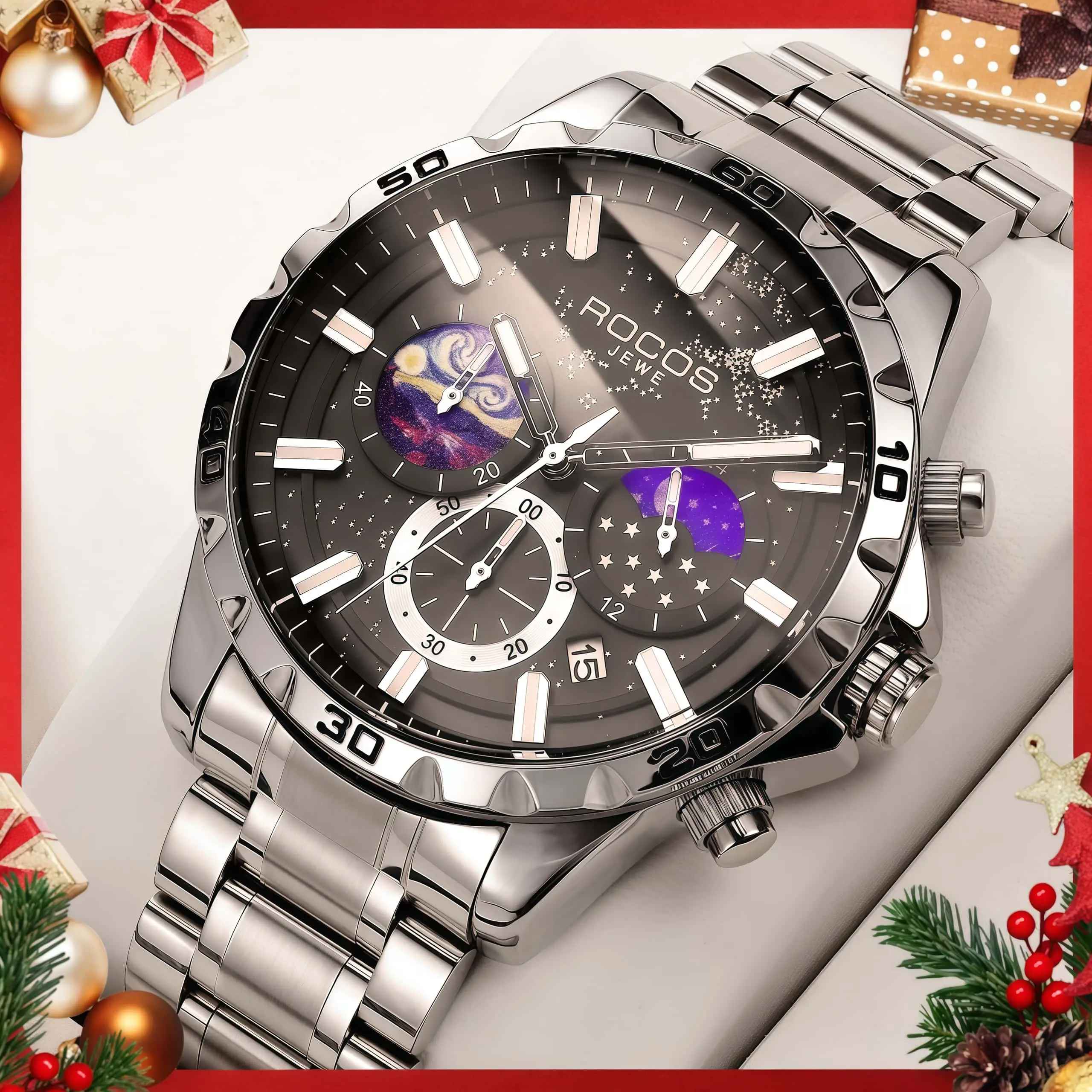 ROCOSJEWE Men's Chic Wristwear, a Casual Trendy and Modern Fashionable Stainless Steel Accessory with Iced Jewel Accents and Luminous Dial, Casual Trendy Wristwatch, Modern Fashionable Wristwatch, Water Resistant, Round Face, Large Dial, 41Mm, Iced Jewels