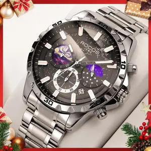 ROCOSJEWE Men's Luxury Business Casual Trendy Wristwatch - Waterproof, Luminous Black Blue Large Dial, Stainless Steel Design, Iced Jewel Accents, Japanese Quartz Modern Fashionable Wristwatch