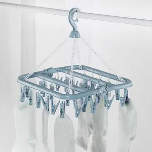 Clothes Drying Hanger with 32 Resin Clips Foldable Hanging Rack for Clothes Underwear Socks Adjustable Hook Non-Rusting Wire Springs Light Blue