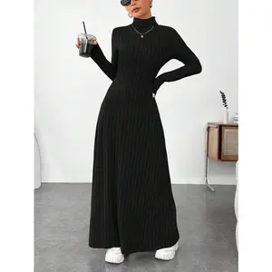 Elegant high-neck knit dress — polyester fiber, medium-length flared skirt, long sleeves, solid color, slim fit design, no belt, suitable for autumn and winter casual wear; women’s fashion; elegant coat; fashionable and chic.