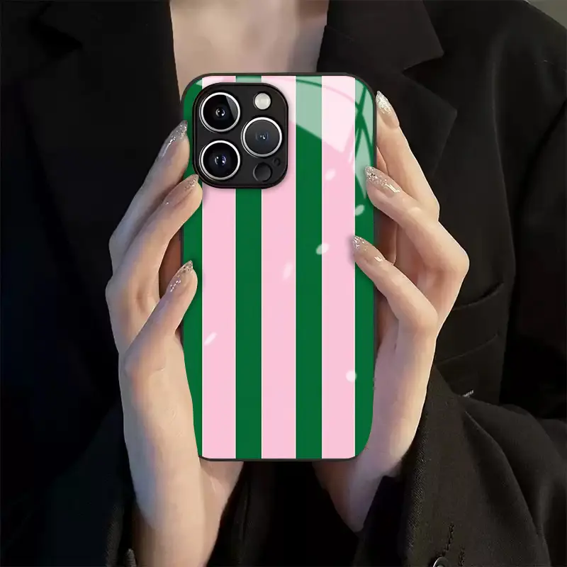 Pink and green striped pattern, skin-friendly feel, glass texture, clear glass phone case, compatible with iPhone 17, 16, 15, 14, 13, 12, 11, Samsung and other models. Makes a great gift for friends or family.