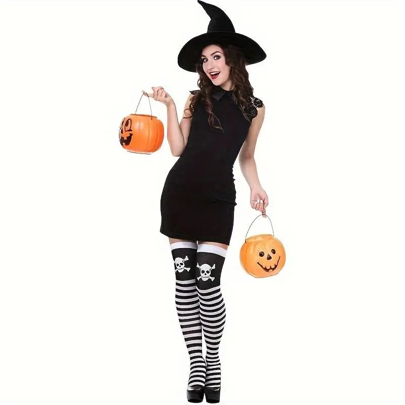 Women's Black 4-Pair Striped Over-Knee Skull Thigh-High Socks - Cosplay, Spooky Party Sports & Outdoor Accessory Stockings, Womenswear Bridal Socks, Socks For Women