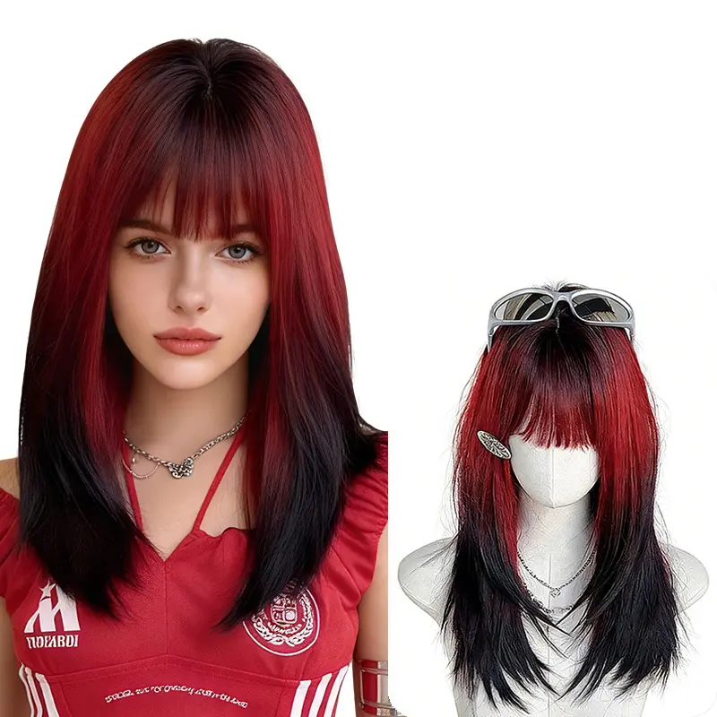 Lotfon Women's Glueless HD Ombre Wigs, Red to Black Medium-Long Synthetic Full Machine Wig, Top Simulated Scalp, Adjustable Head Circumference, Comfortable Easy-to-Wear Fashionable Hairstyle Solution, Glueless Hd Wigs