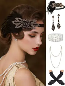 5pcs 1920s Jazz Age Flapper Gatsby Sparkling Elegant Costume Accessories Set 20s Artificial Flapper Feather Headband Vintage Pearl Necklace Gloves Rhinestone Earrings Party Headpiece for Women Fashion Jewelry Set Glamour Set Fashionable Jewelry Set