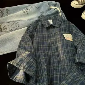 Men’s Japanese vintage plaid short-sleeve shirt — streetwear loose fit, high-end feel, casual stylish and versatile, classic fashion formal checked blue, cute shirts